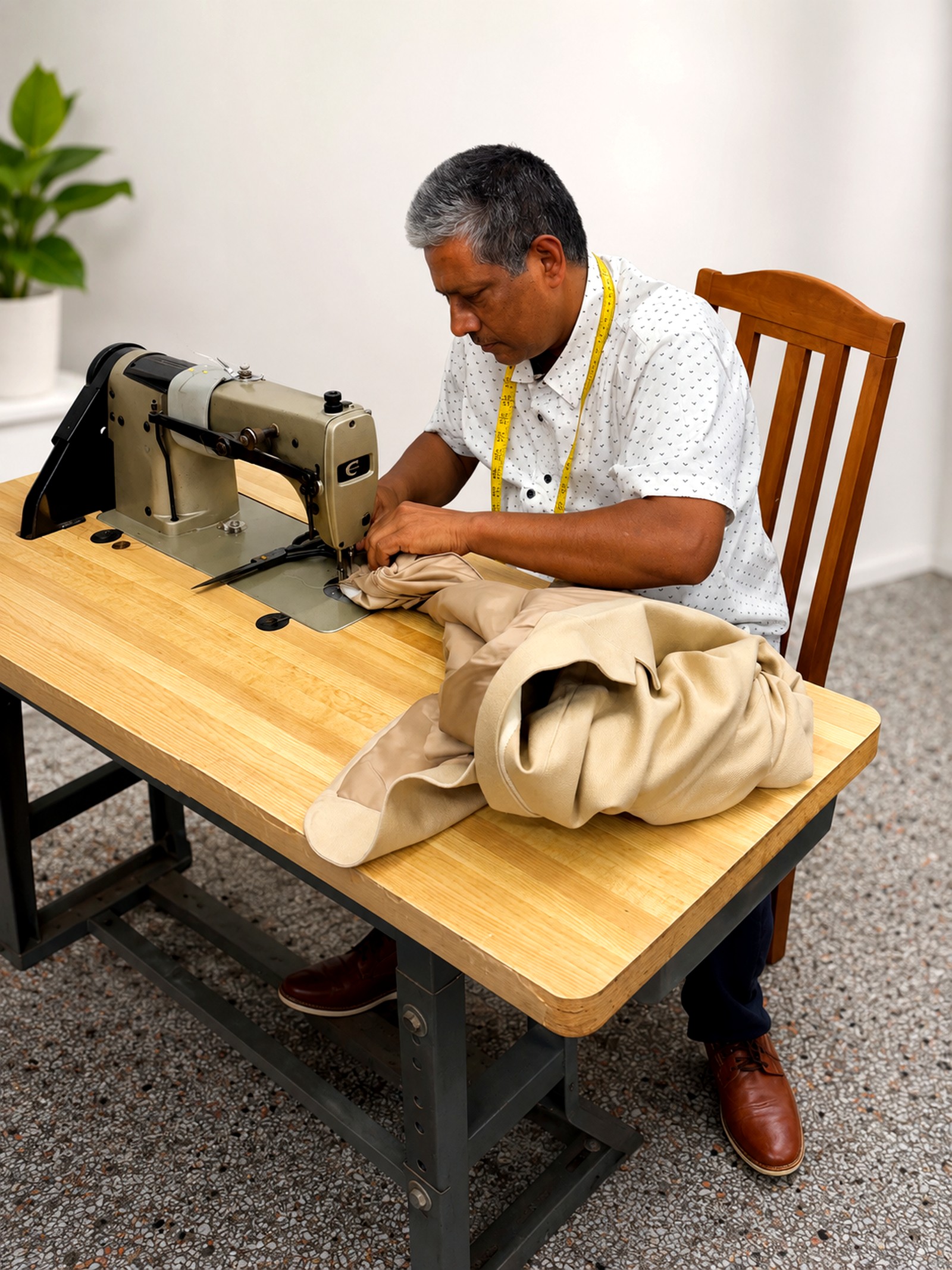 Jose tailoring a garment at his sewing machine